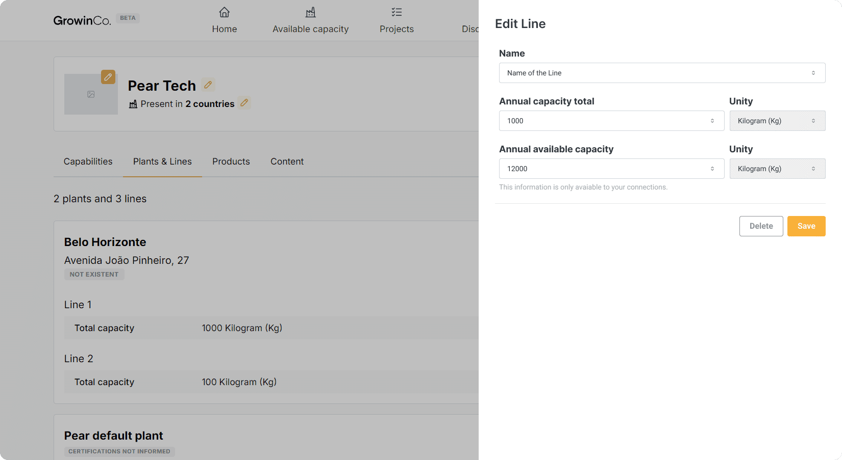 GrowinCo. capacity listing form with plant and availability details