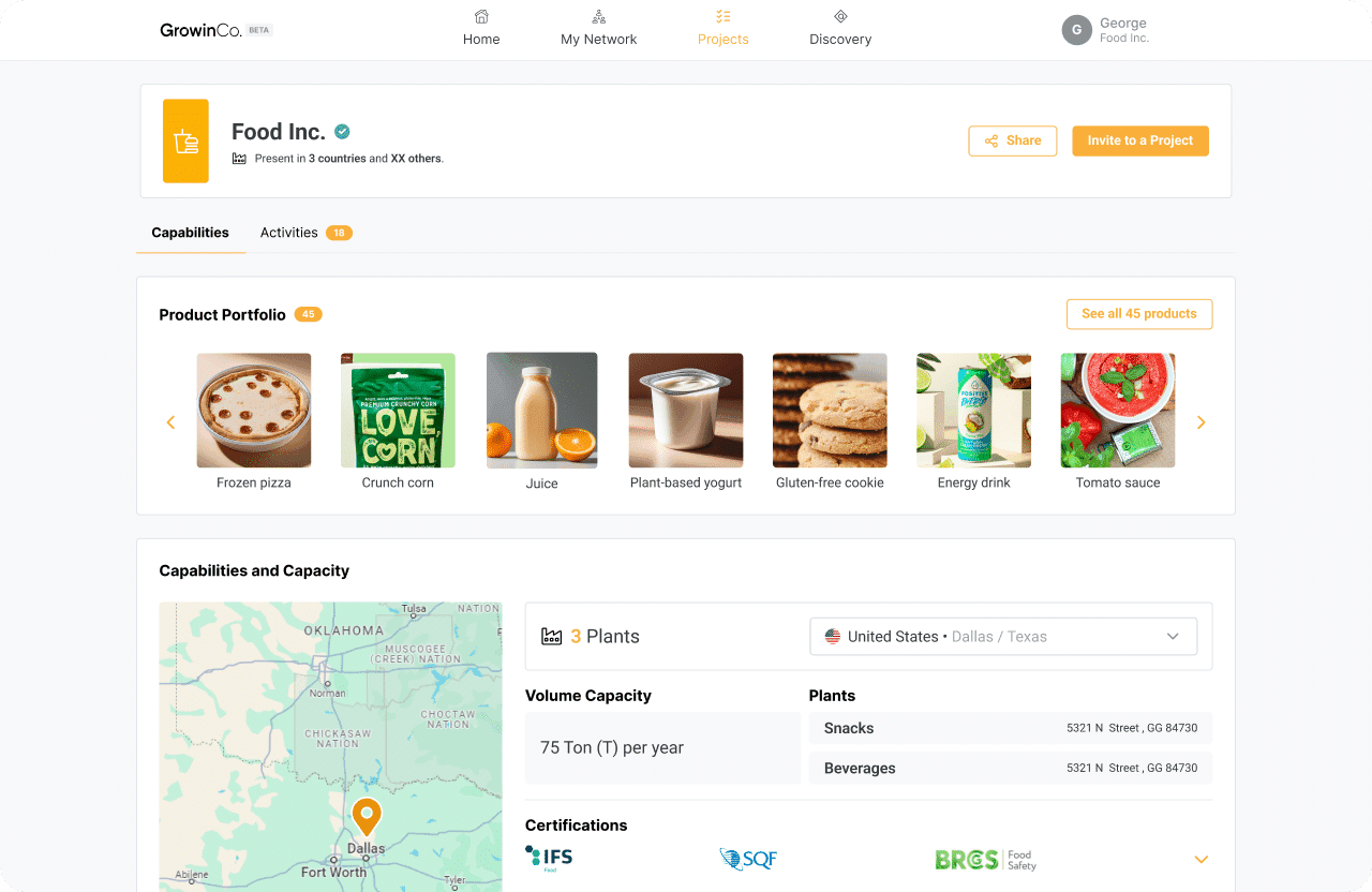 Perfil de fabricante de GrowinCo. mostrando capacidades, mapa, detalles de planta y portafolio de productos