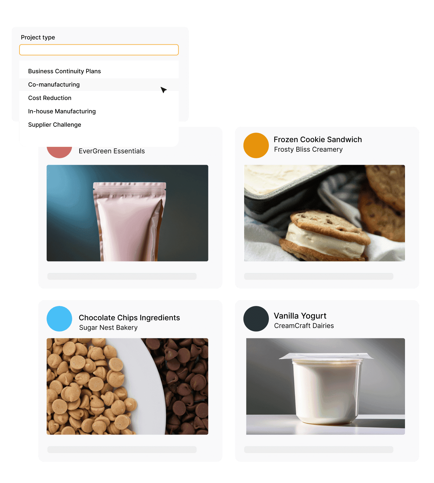 Explorador de proyectos de GrowinCo. mostrando oportunidades de co-fabricación por tipo y categoría