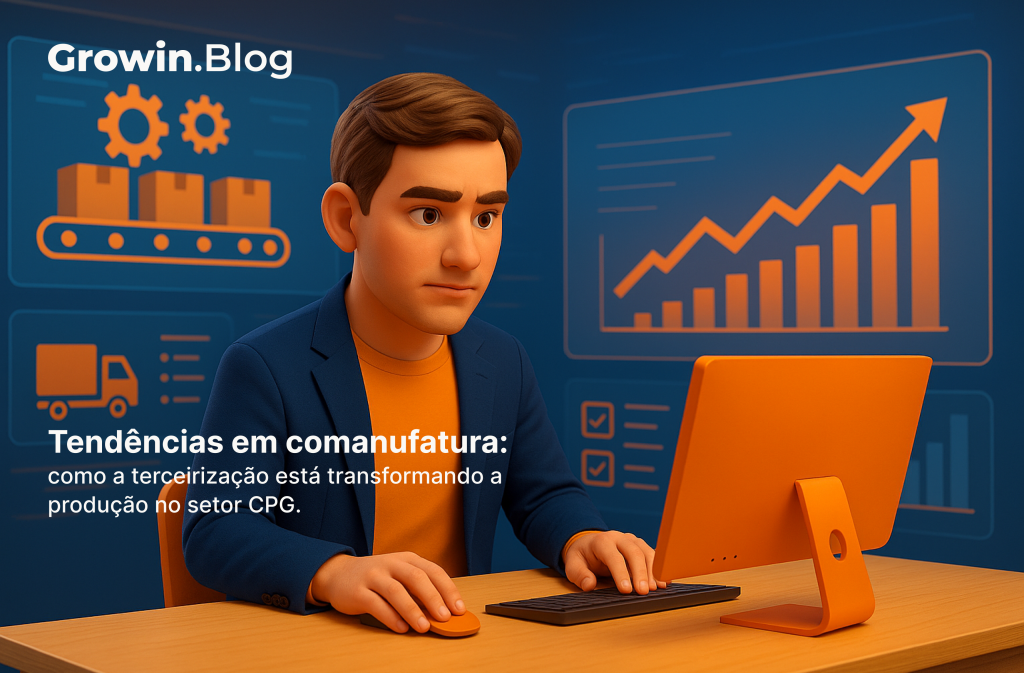 Ilustração mostrando profissional colaborando em comanufatura no setor CPG, com elementos que simbolizam inovação, eficiência e estratégia sofisticada de terceirização.