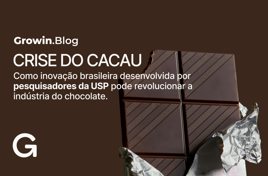 imagem com fundo marrom e escritos: "crise do cacau: como inovação brasileira desenvolvida por pesquisadores da USP pode revolucionar a indústria do chocolate" com um tablete de chocolate ao lado