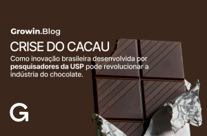 imagem com fundo marrom e escritos: "crise do cacau: como inovação brasileira desenvolvida por pesquisadores da USP pode revolucionar a indústria do chocolate" com um tablete de chocolate ao lado